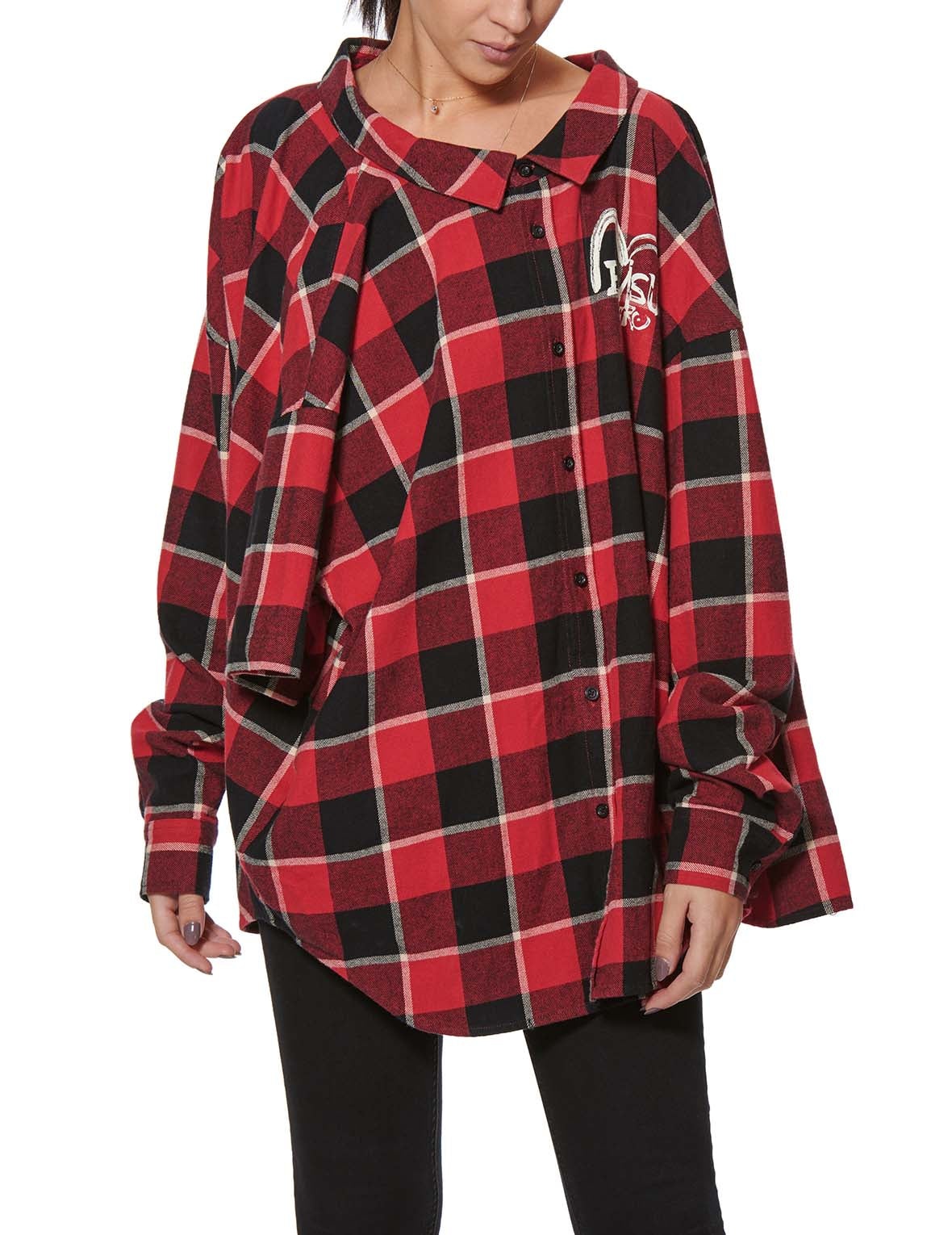 Calligraphy Print Asymmetric Flannel Shirt - 14