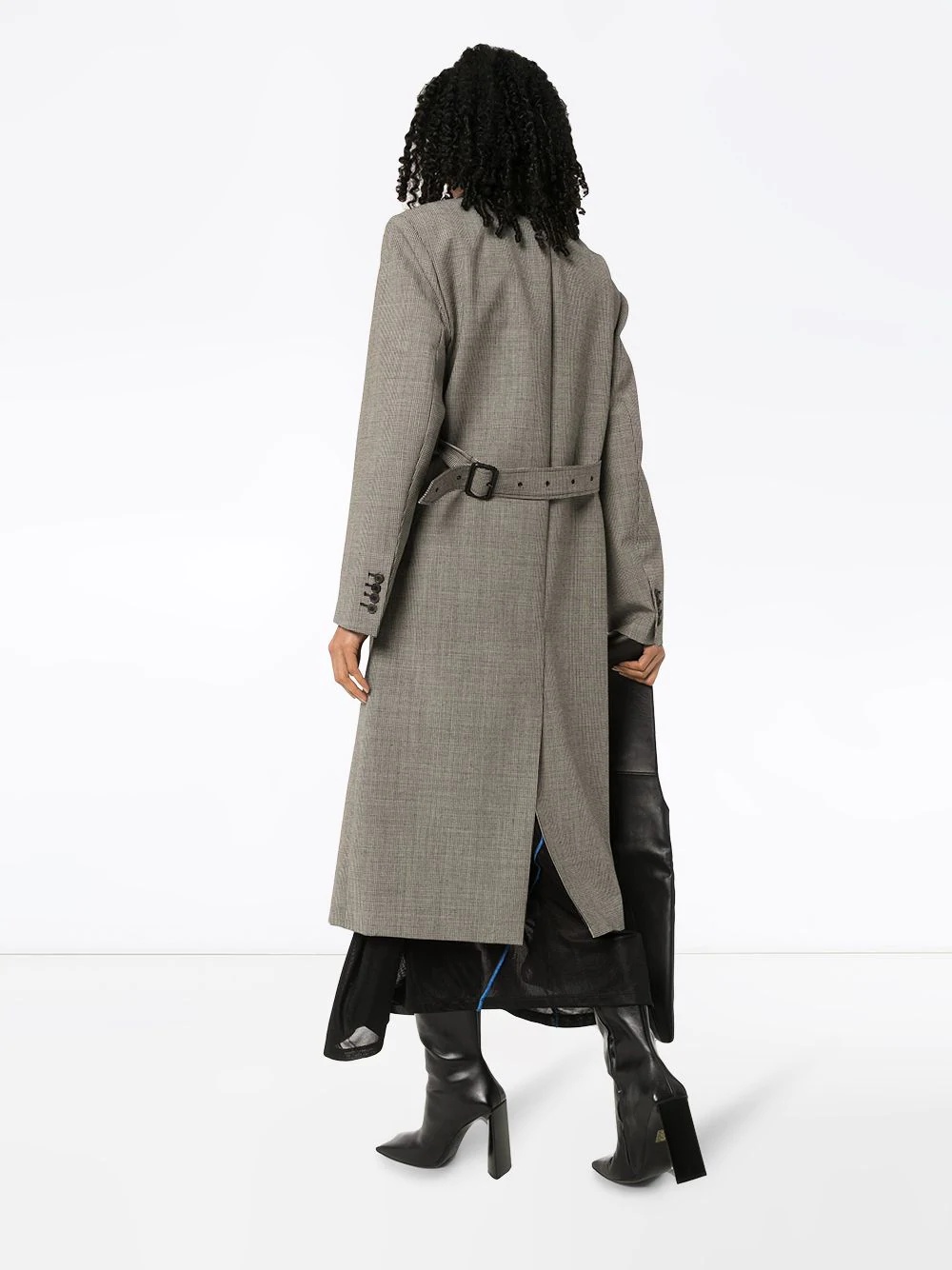 check-pattern wrap-around coat - 3