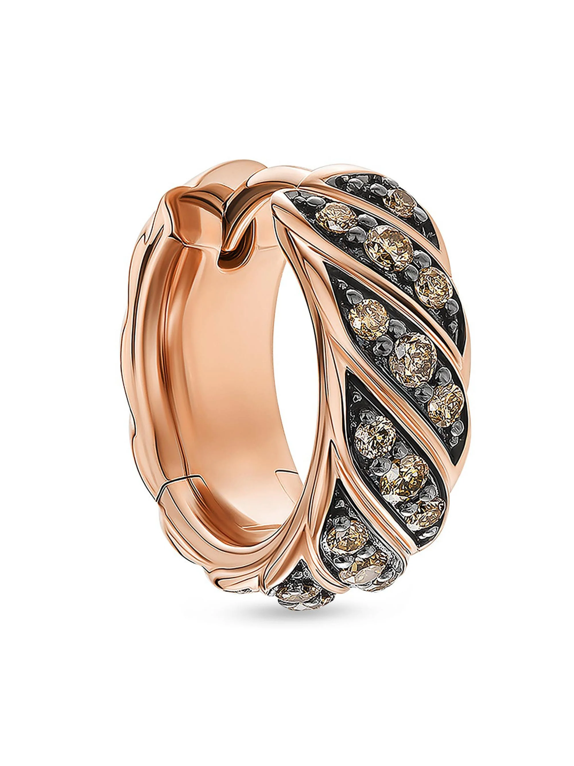 Men's Sculpted Cable Hoop Earring in 18K Rose Gold with Cognac Diamonds, 12.8MM - Cognac Diamond - 1