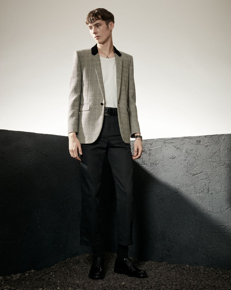 SAINT LAURENT square-cut long jacket in deconstructed prince of wales wool check outlook