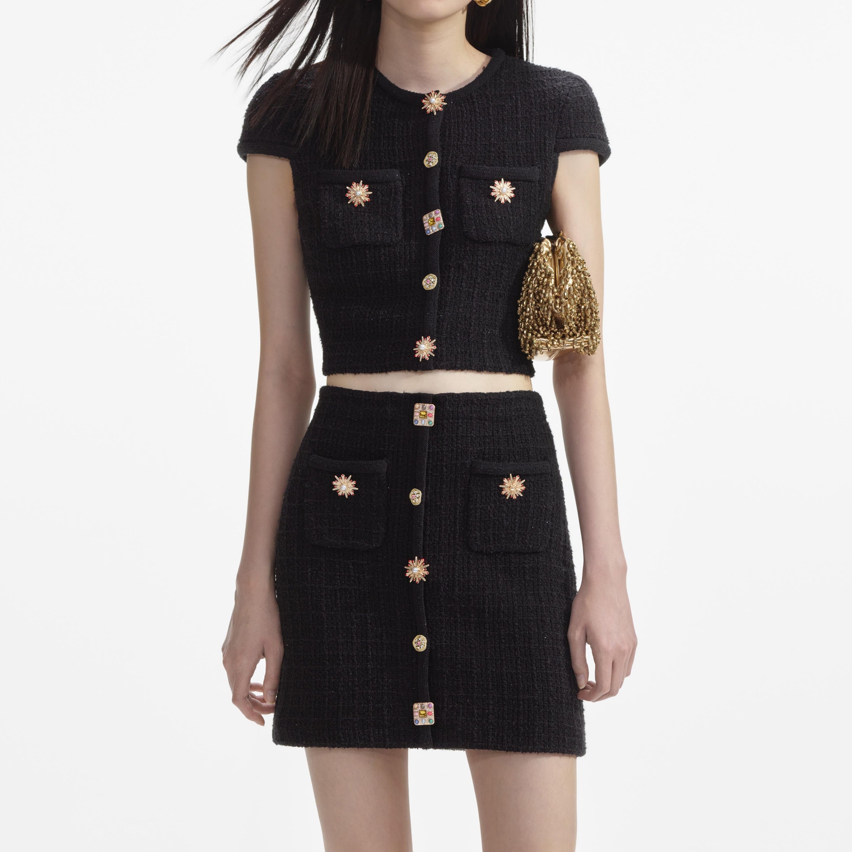 Self-Portrait｜SKIRTS (JEWEL BUTTON KNIT MINI SKIRT (PF2 self-portrait Black Jewel Button Knit Mini Skirt | REVERSIBLE