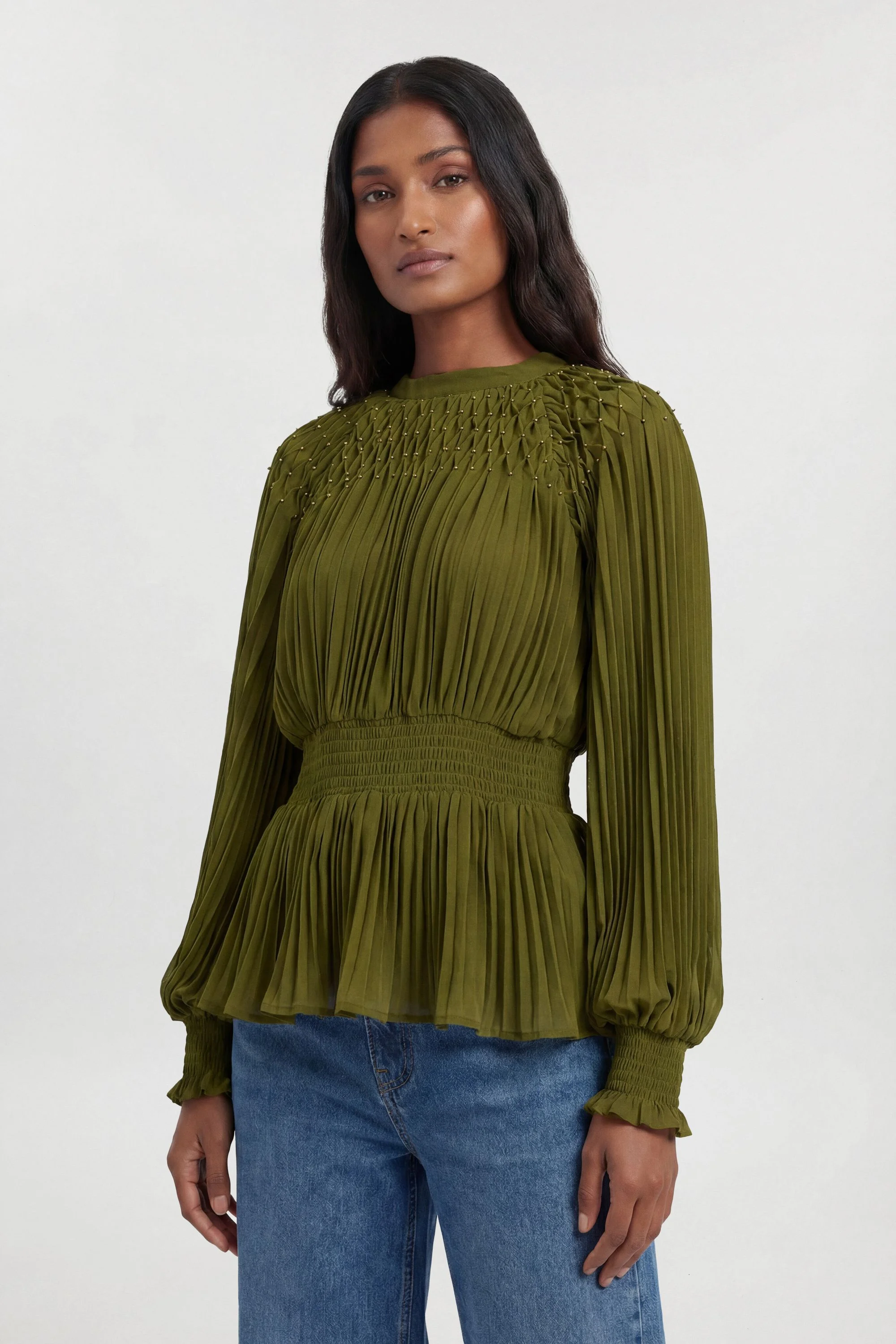 Placement Pleated Balloon Sleeve Blouse - 1