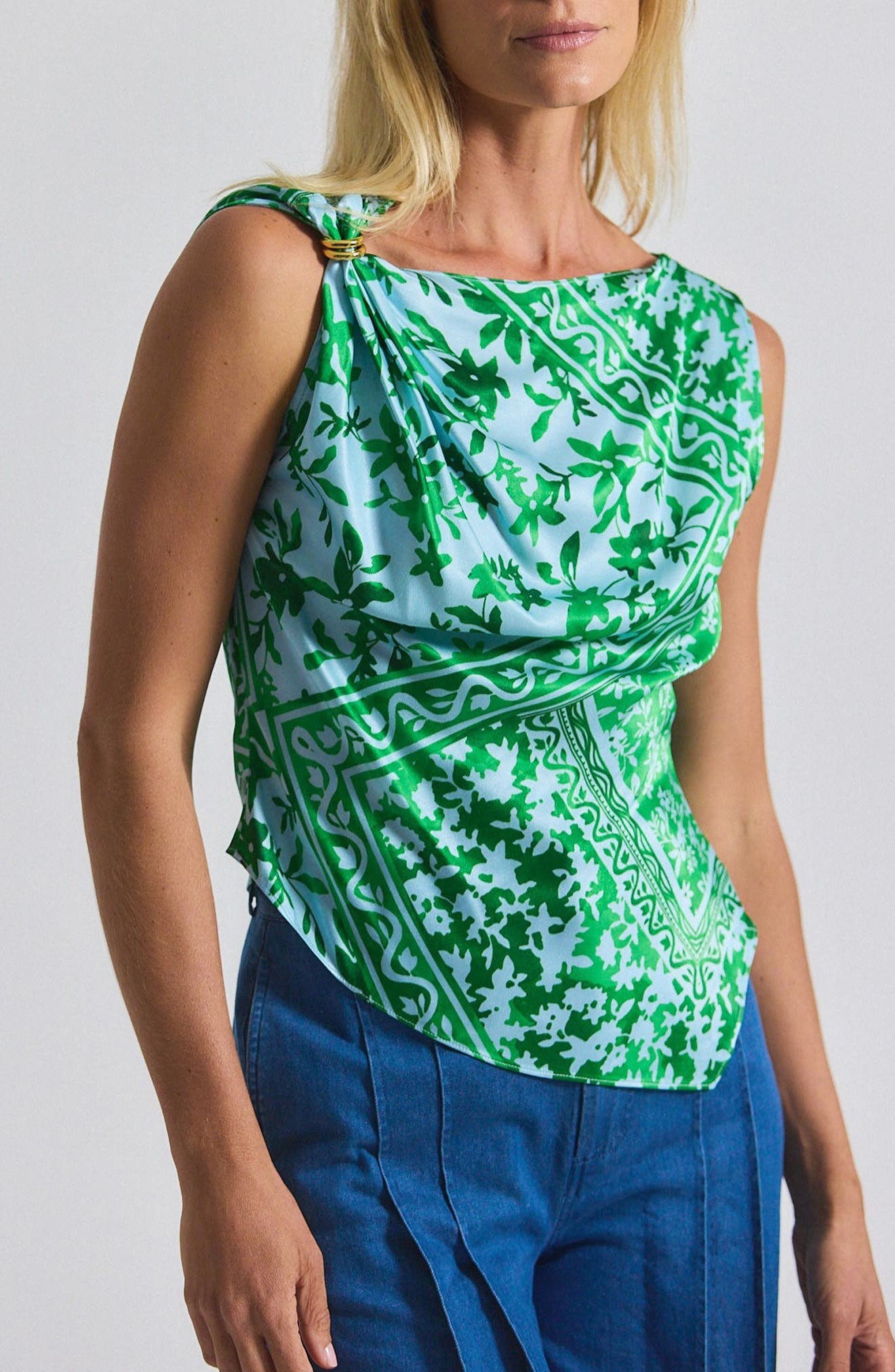 Derek Lam 10 Crosby Ariel Tile Print Asymmetric Sleeveless Top in Kelly Green Multi at Nordstrom - 1
