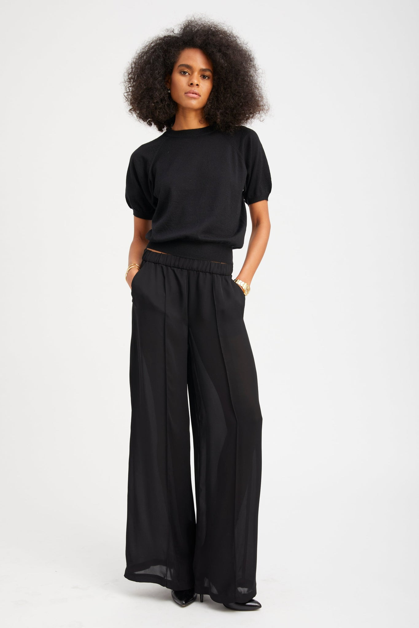BLACK CASHMERE SHORT SLEEVE RAGLAN SWEATER - 3