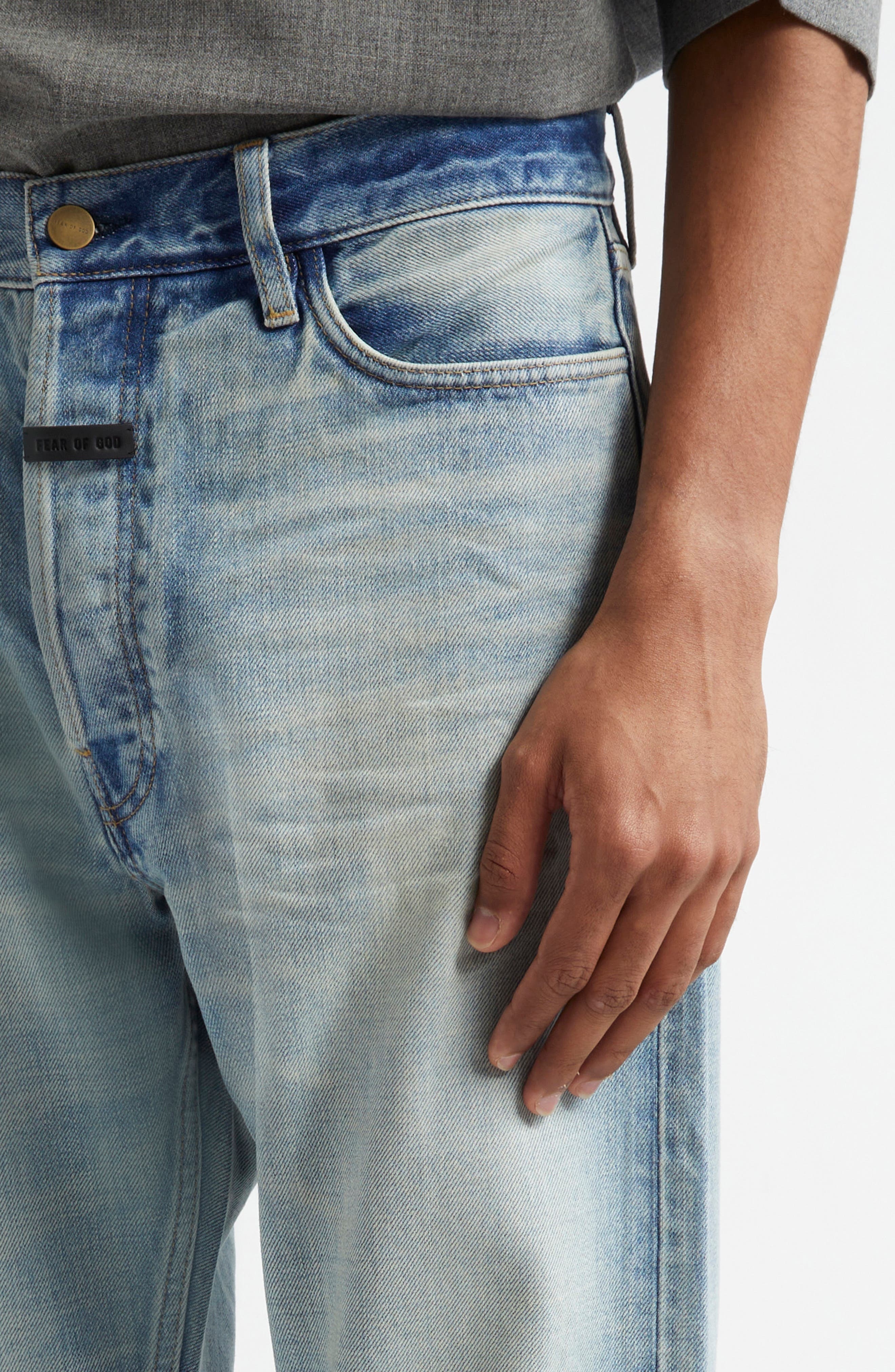 Fear of God Five-Pocket Raw Hem Straight Leg Jeans in Light Indigo at Nordstrom - 5