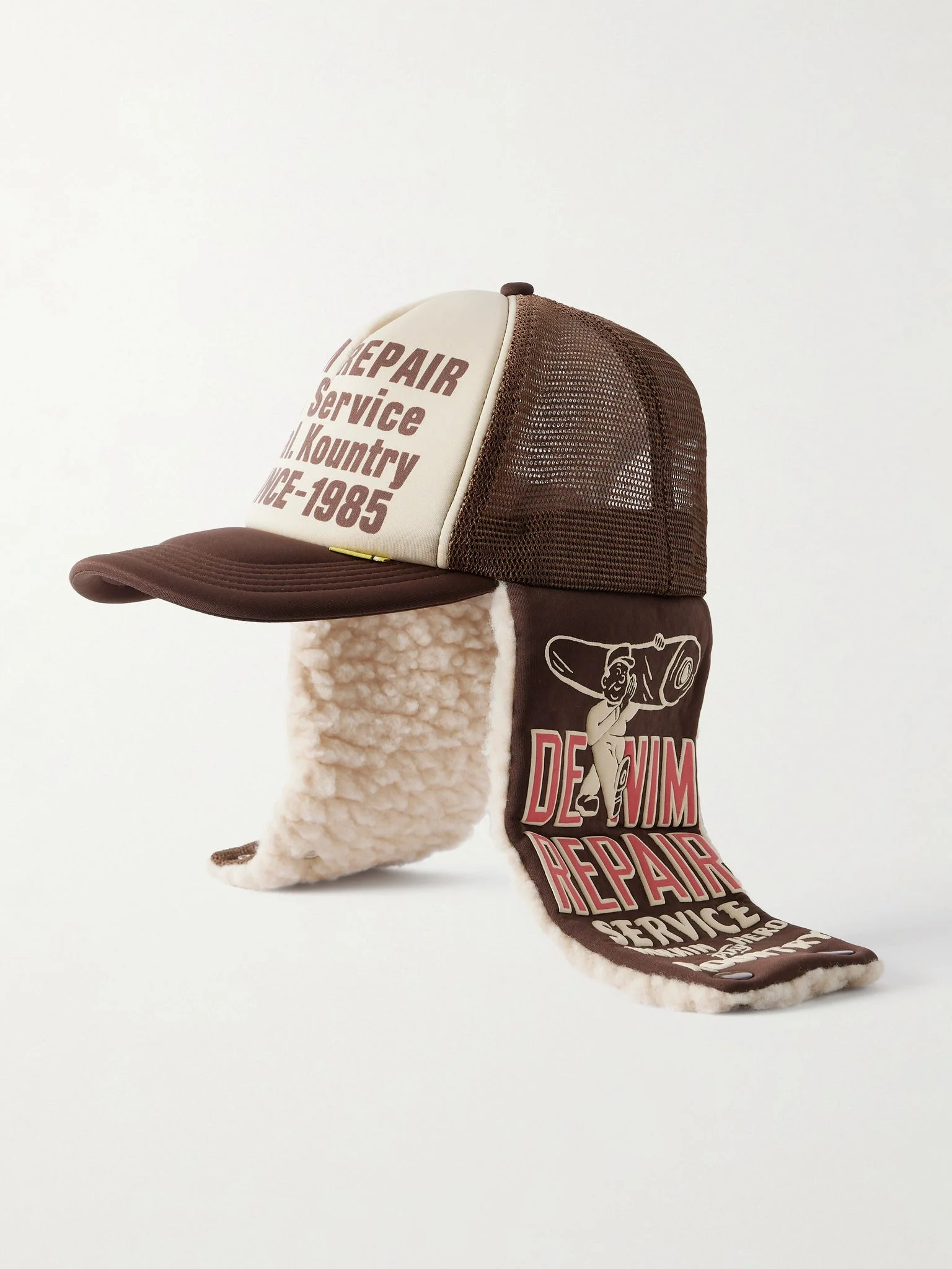 Denim Repair Service Fleece-Trimmed Printed Canvas and Mesh Trucker Cap Ecru - 1