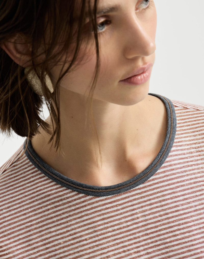 Striped linen lamé jersey T-shirt with shiny trim 4