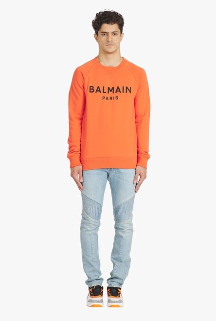 Orange cotton sweatshirt with black Balmain Paris logo print - 4