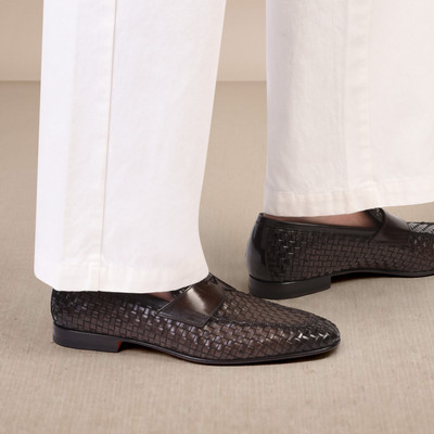 Santoni Men's brown woven leather loafer outlook