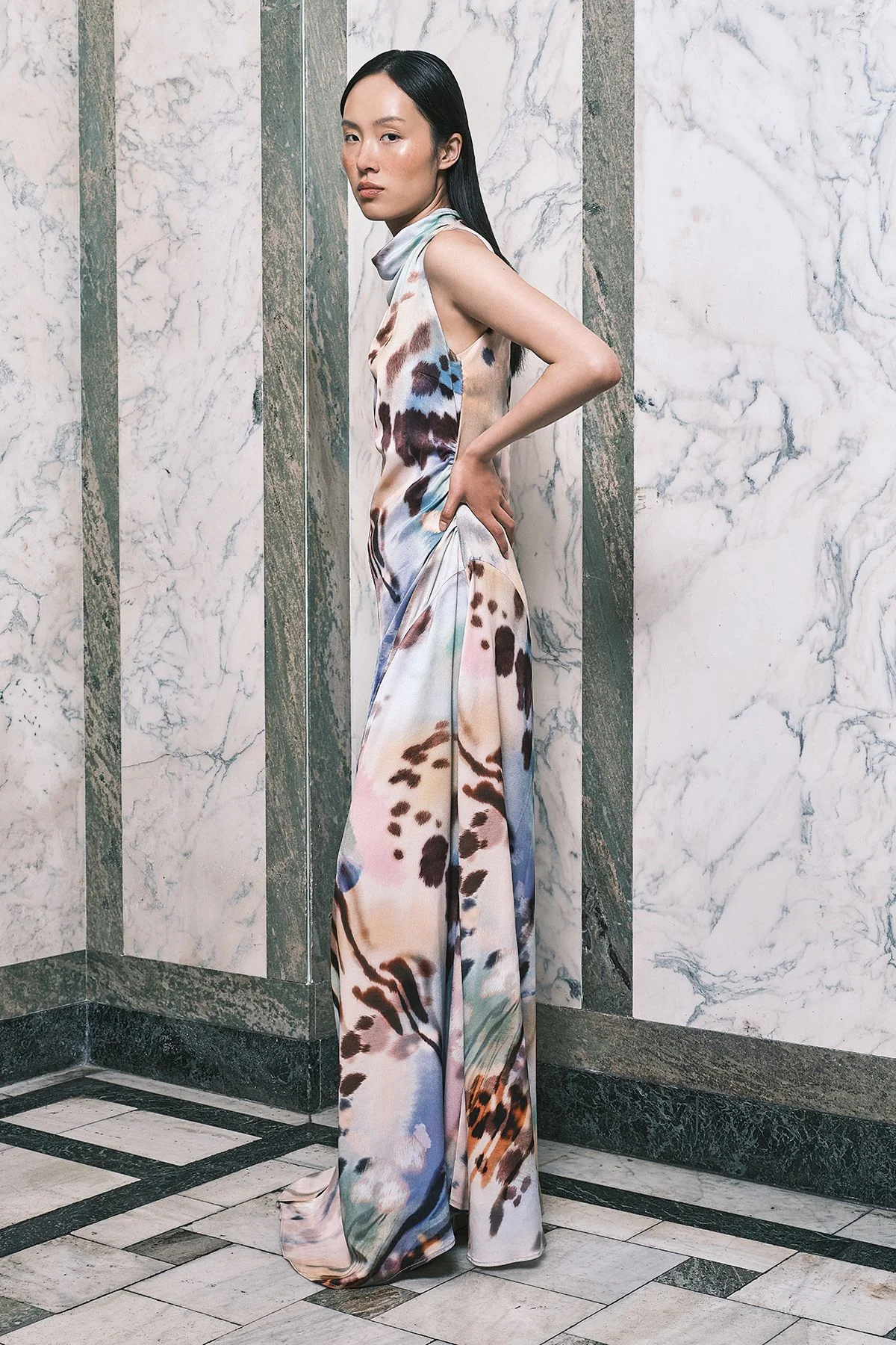 Satin Viscose Printed Cowl Neck Maxi Dress - 1
