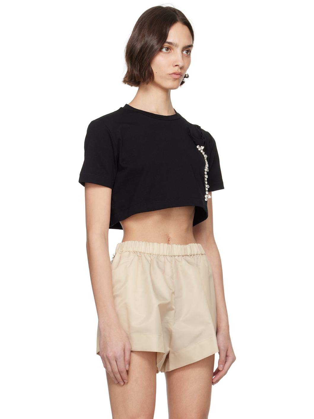 Black Crystal Rosette Cropped T-shirt - 2