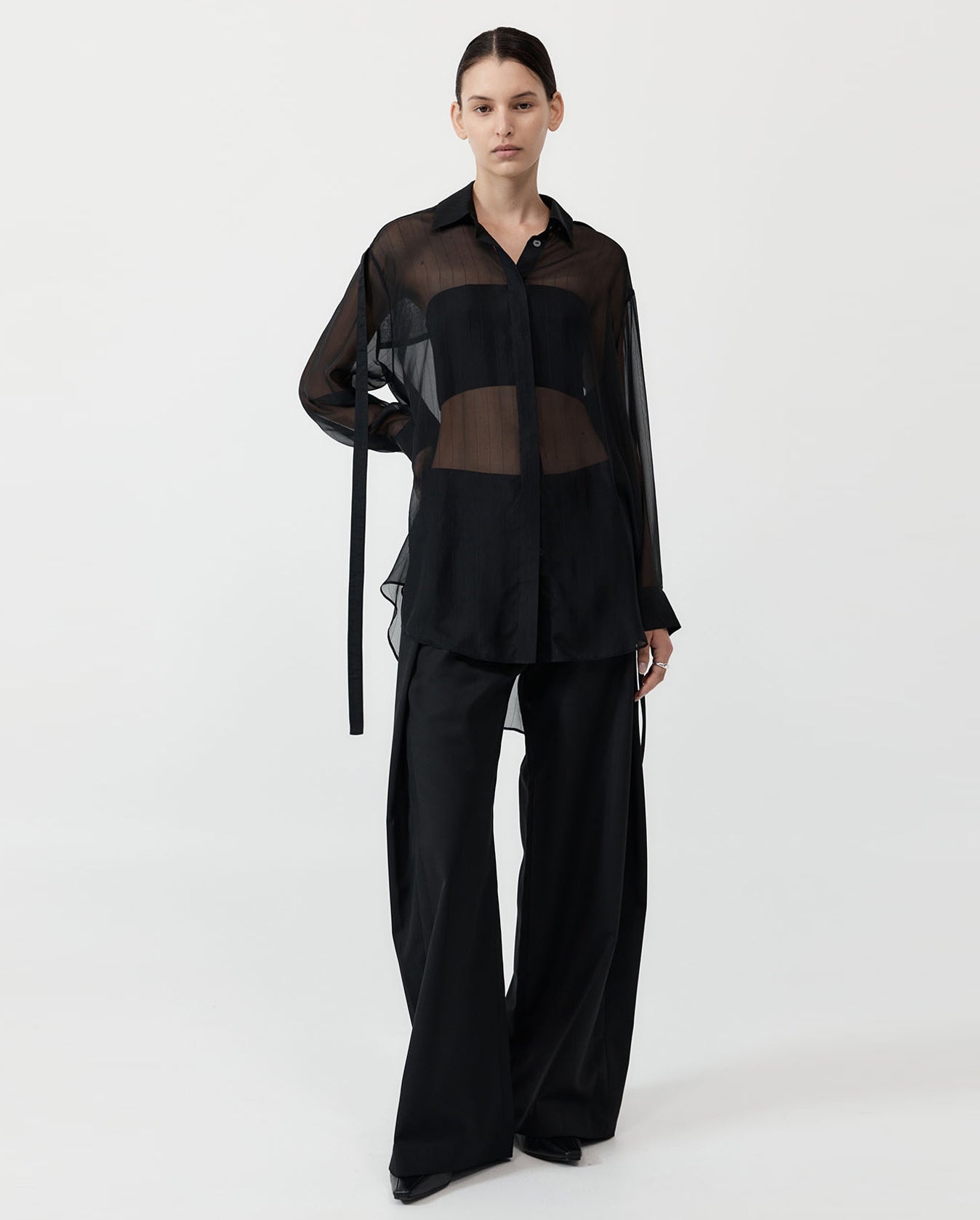Pinstripe Silk Shirt - Black - 2