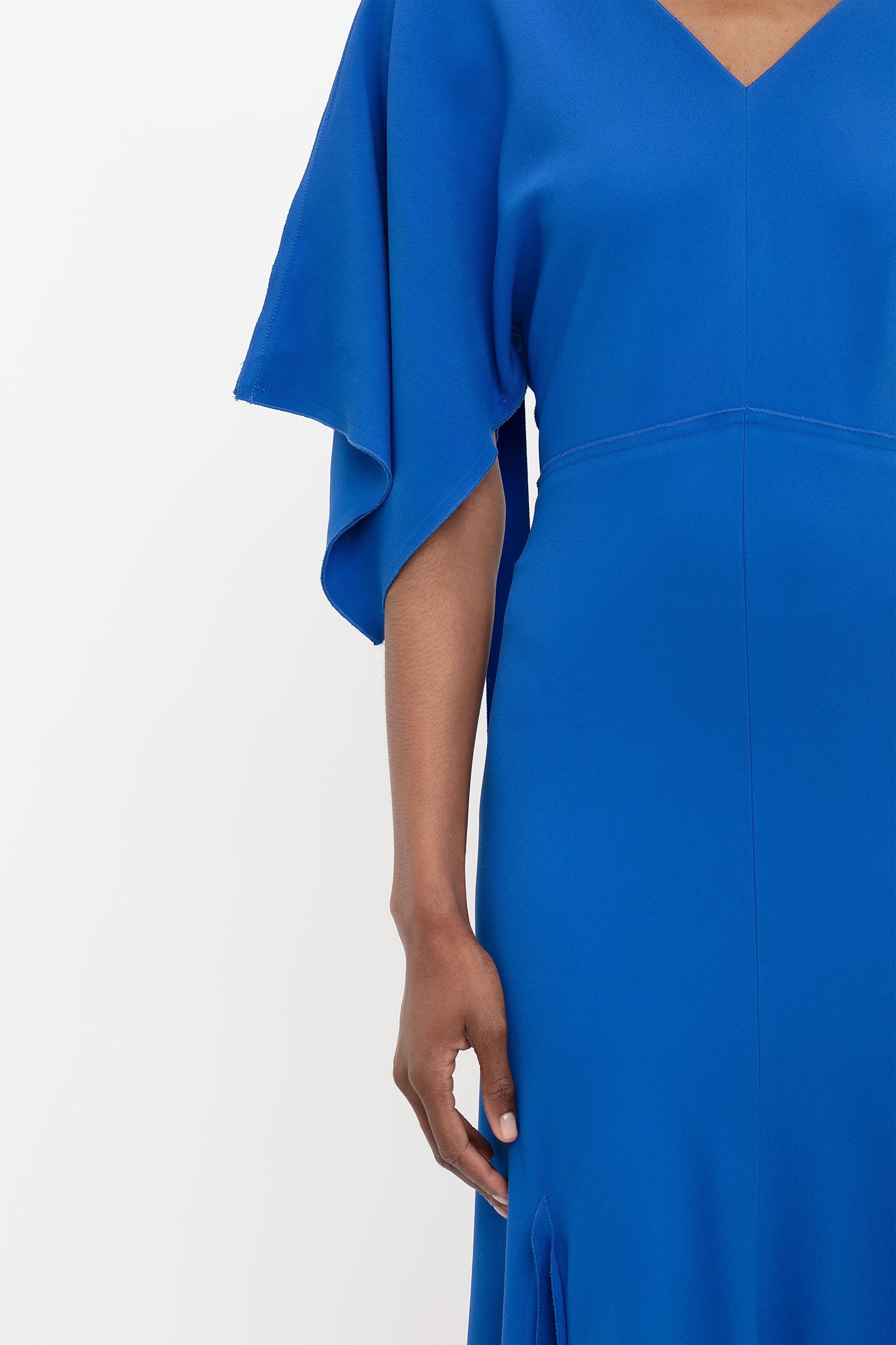 V-Neck Bias Godet Dress In Bright Blue - 7