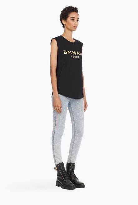 Black cotton T-shirt with gold Balmain logo print - 6