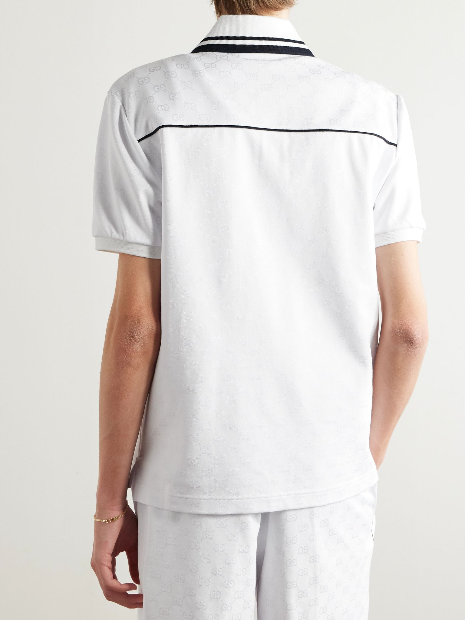 Logo-Jacquard Striped Jersey Polo Shirt White - 3