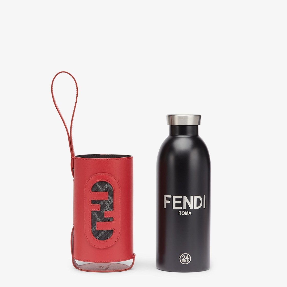 Thermal flask in black brushed steel, with engraved FENDI ROMA lettering and FF branded lid. Red lea - 2