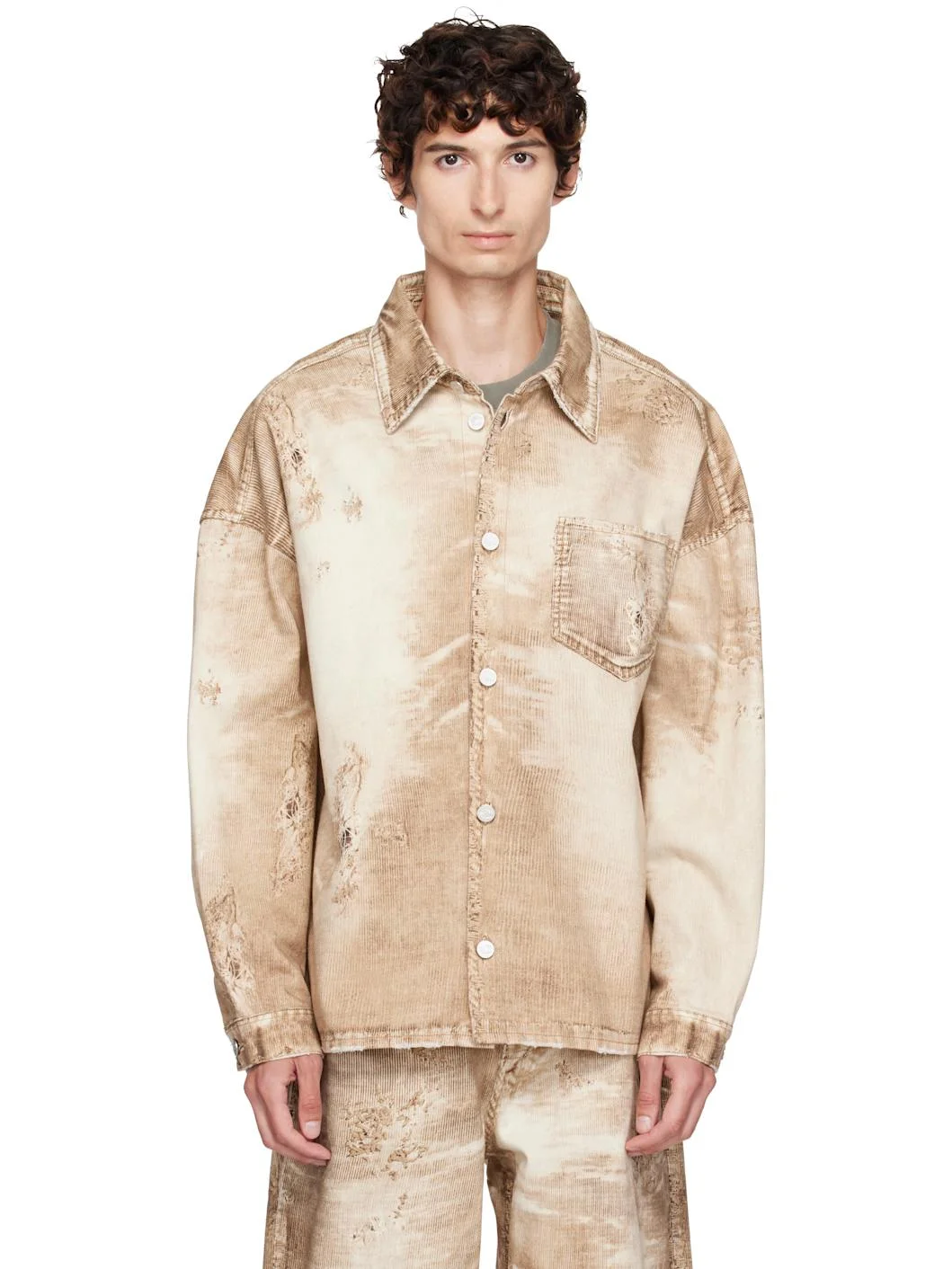 Beige Corduroy Print Denim Shirt - 1