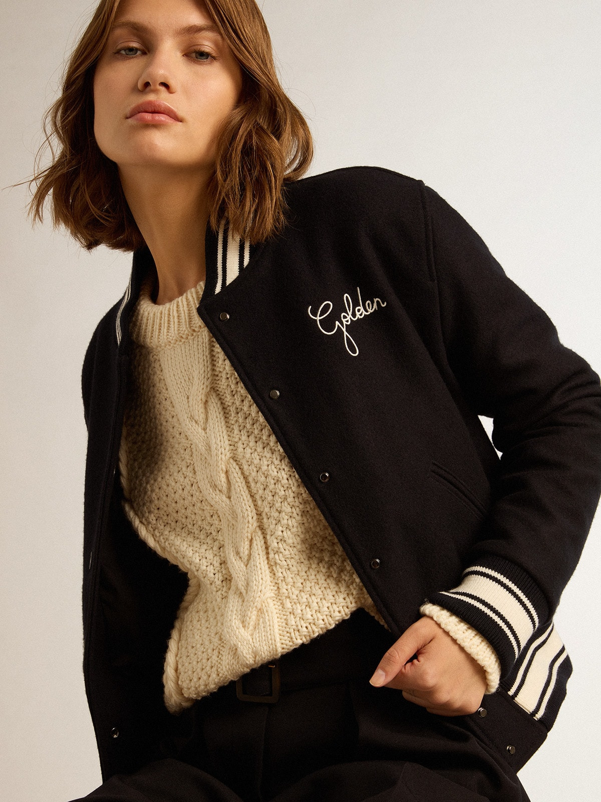 Women's bomber jacket in dark blue wool with white details - 2