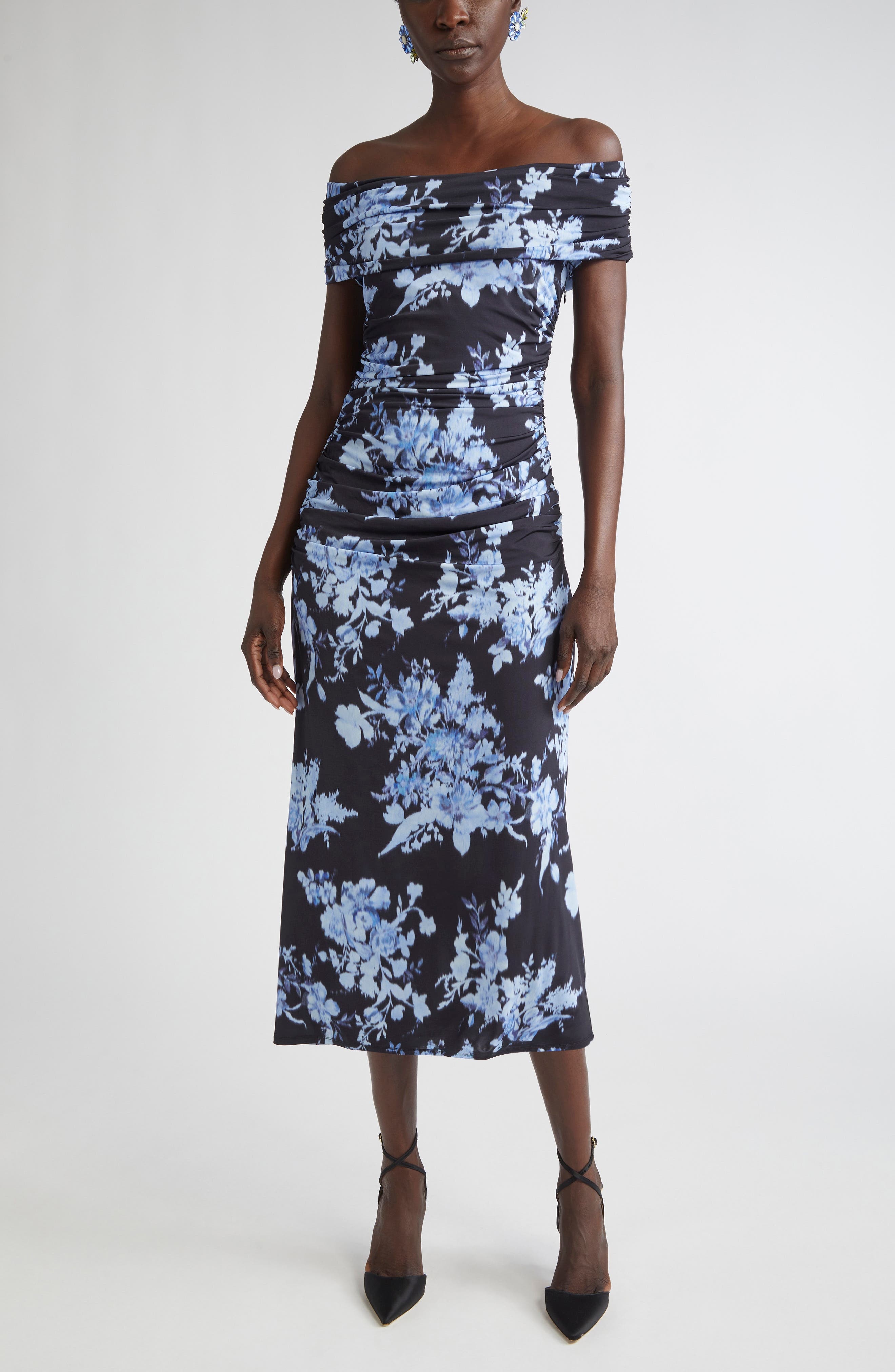 Carolina Herrera Floral Print Ruched Off the Shoulder Jersey Gown in Midnight Multi at Nordstrom - 1