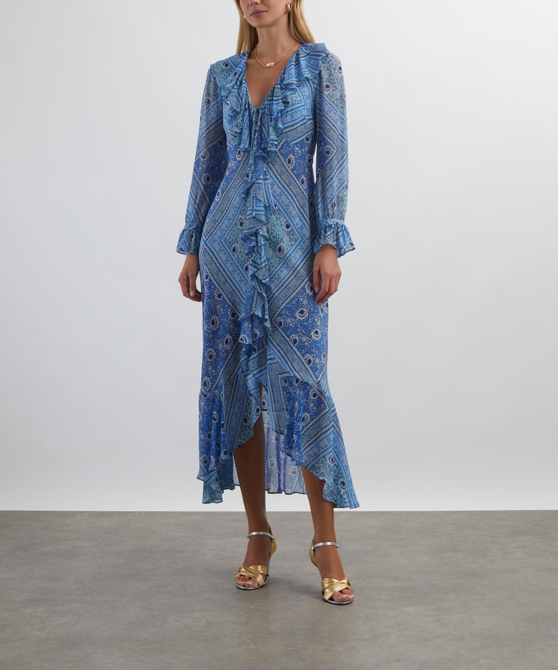 RIXO Gracie Boho Scarf Blue Midi Dress outlook