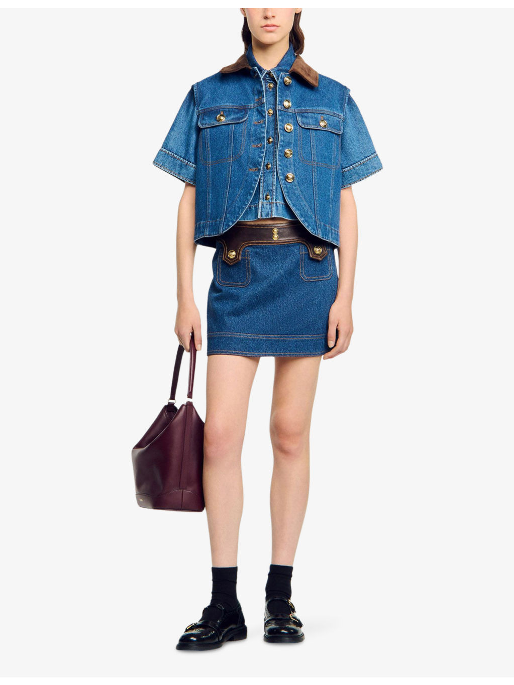 Leather-Trim Mid-Rise Denim Mini Skirt - 2