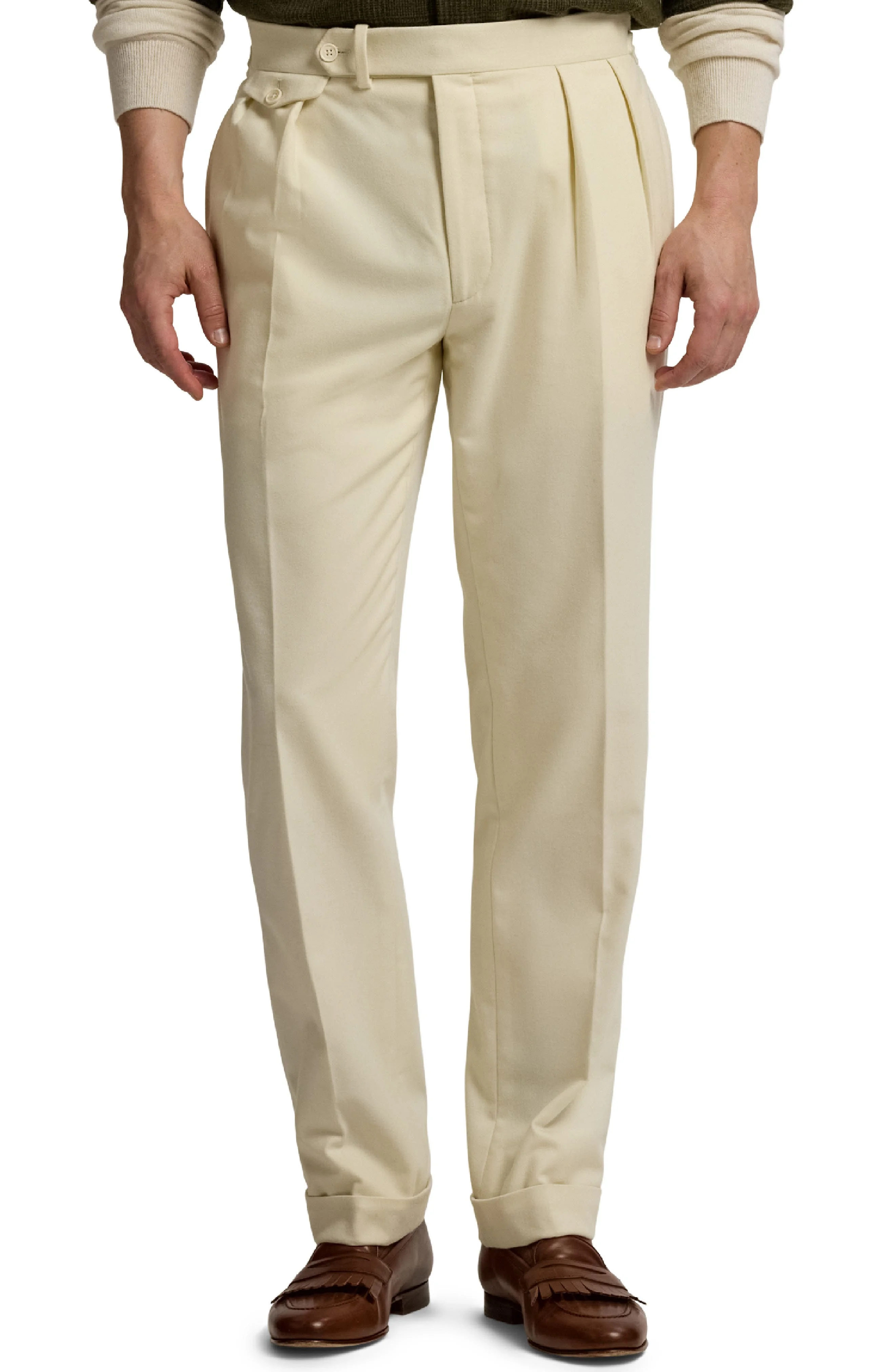 Ralph Lauren Purple Label Pleated Cream Wool Flannel Trousers at Nordstrom - 1