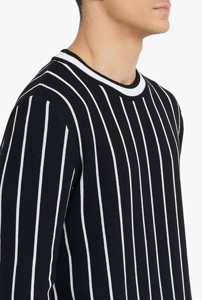 Striped black cotton sweater with white Balmain Paris logo 8