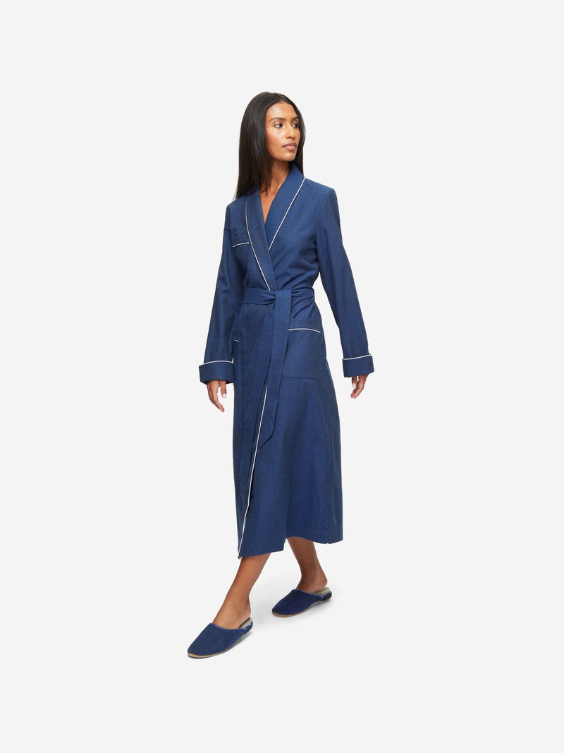 Women's Long Dressing Gown Balmoral 3 Brushed Cotton Navy 1