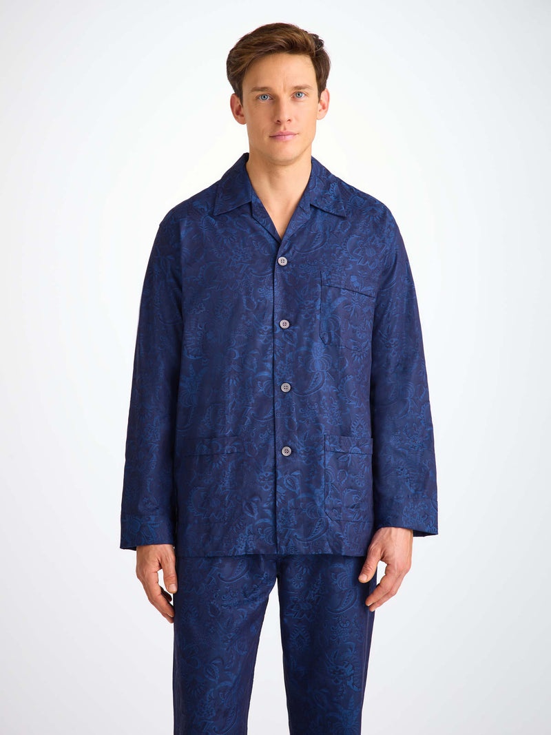 Men's Classic Fit Pajamas Cotton Jacquard Navy Jungle Paisley Pattern - 5