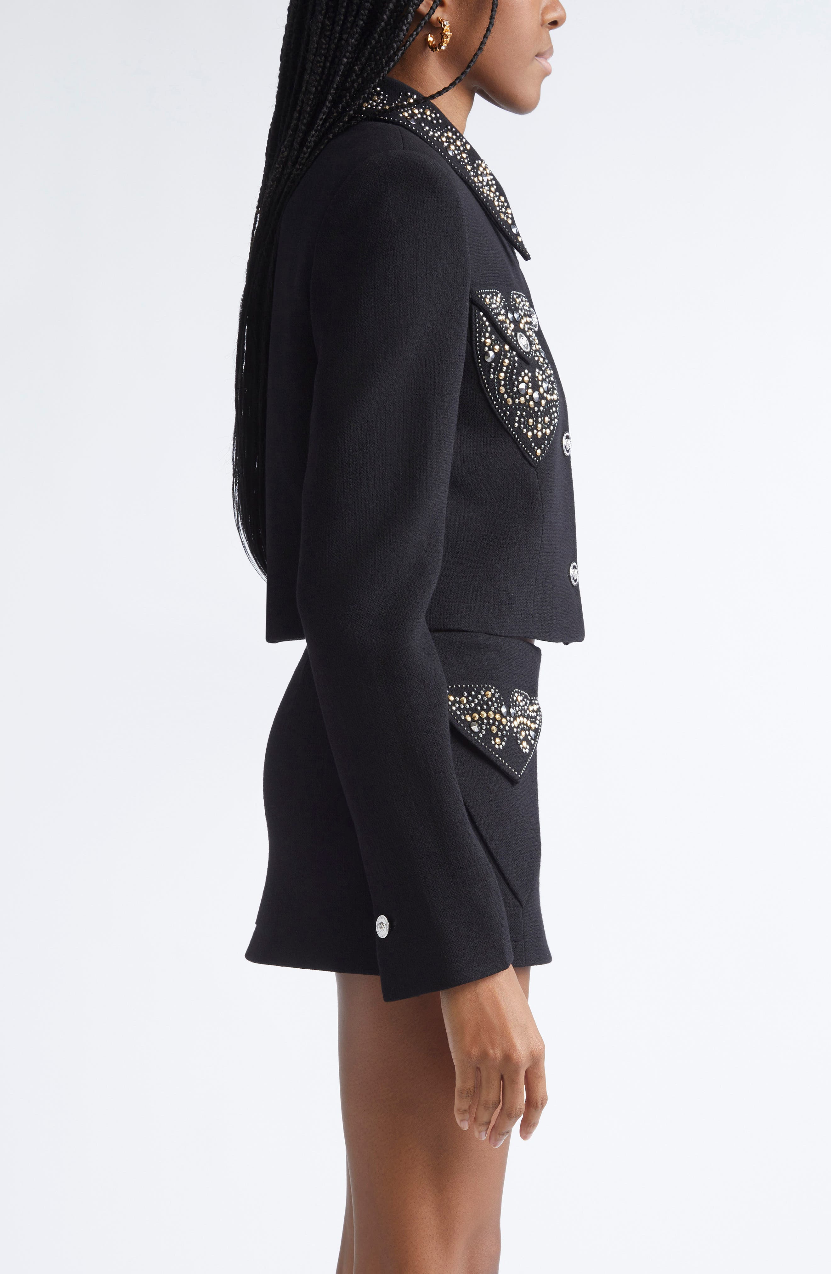 Versace Embellished Wool Blend Crepe Crop Jacket in Black at Nordstrom - 4