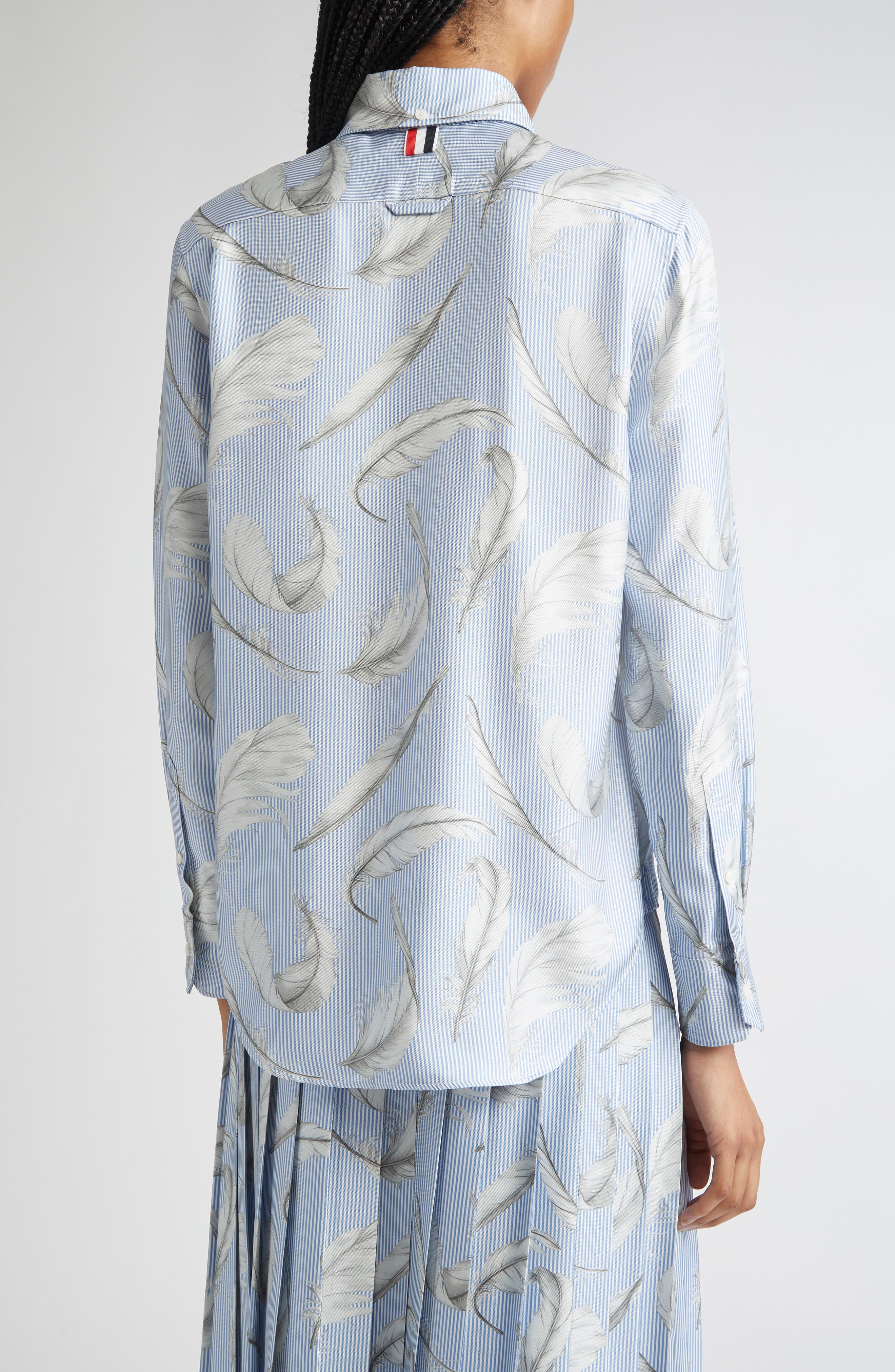 Thom Browne Feather Print Stripe Silk Button-Up Shirt in Light Blue at Nordstrom - 3