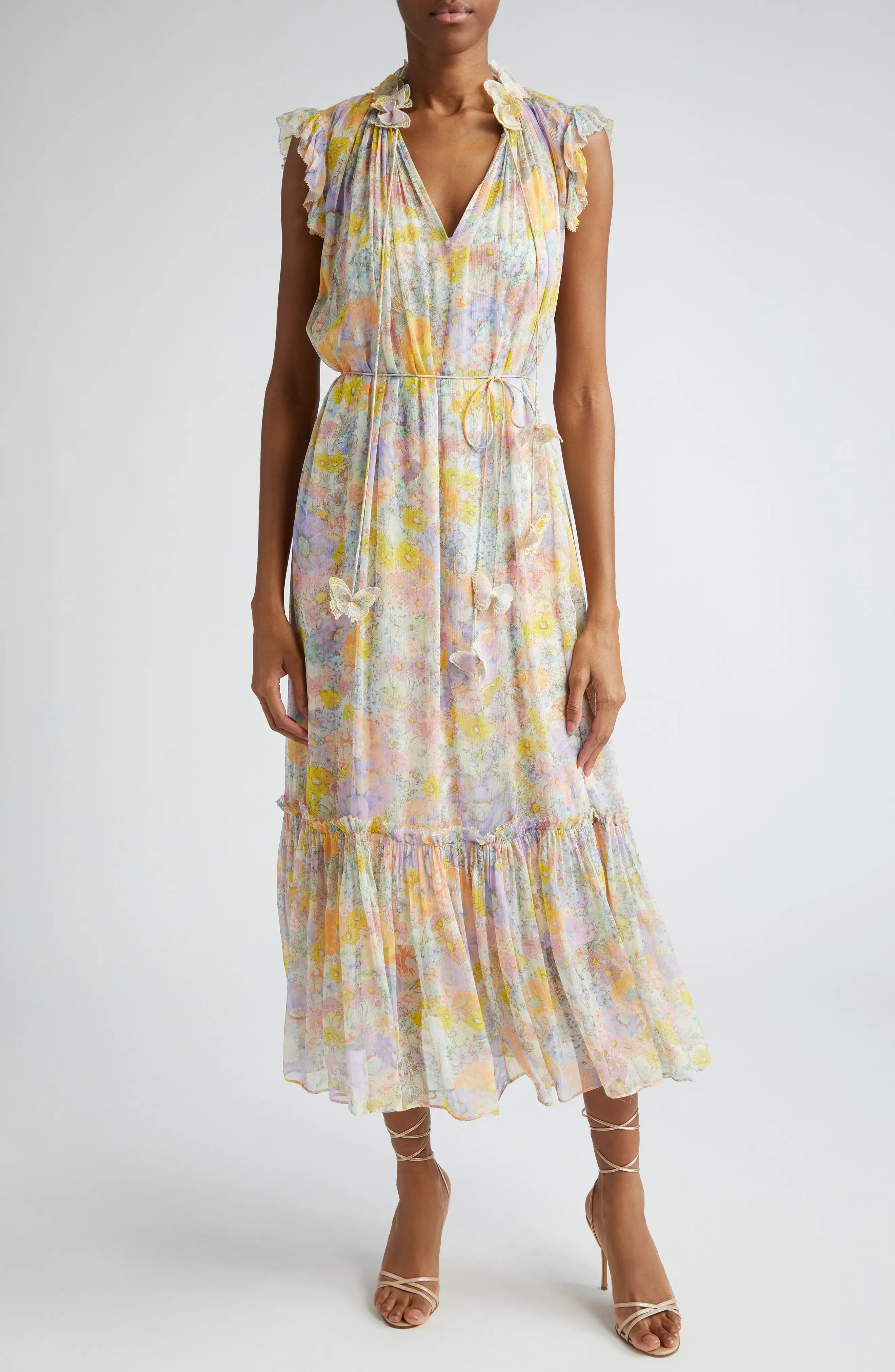 Butterfly Floral Print Tiered Dress - 1