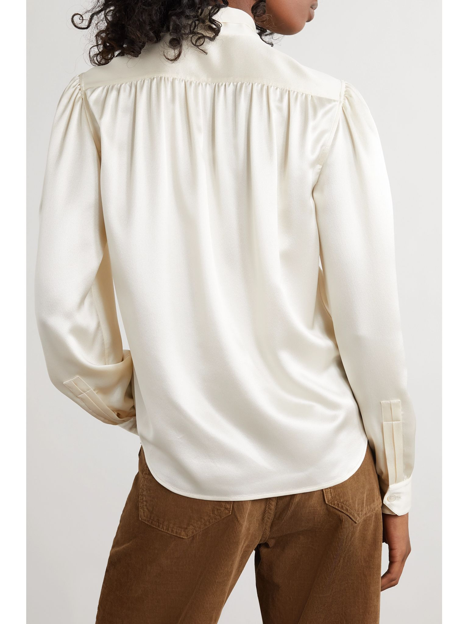Cropped pussy-bow silk-charmeuse blouse Cream - 3