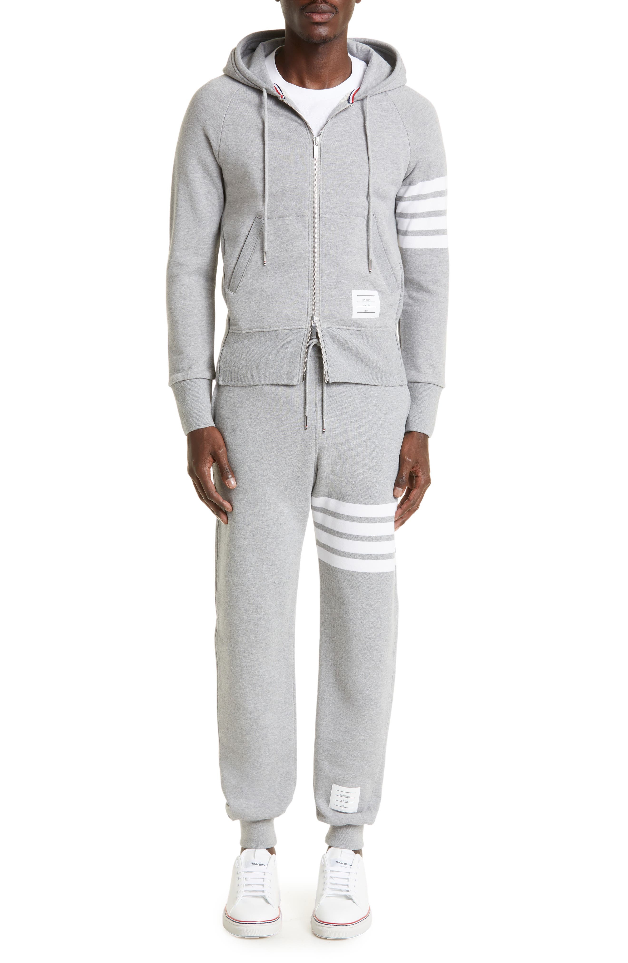 Thom Browne Classic 4-Bar Zip Cotton Hoodie in Heather Grey /White at Nordstrom - 2
