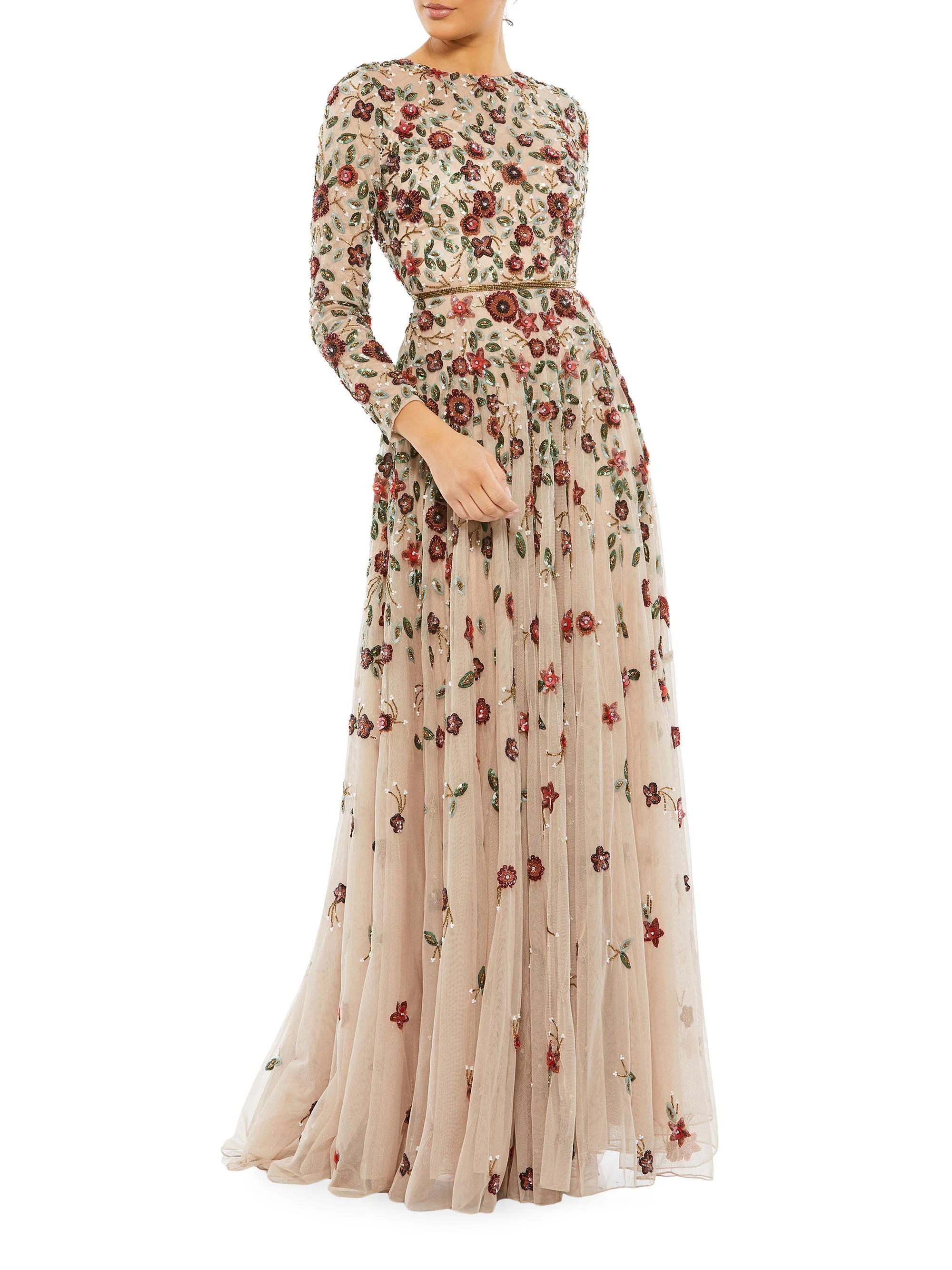 Women's Floral Sequined Gown - Antique Rose - 1