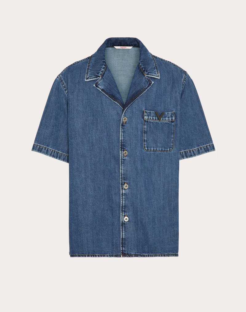 DENIM BOWLING SHIRT WITH METALLIC V DETAIL 1