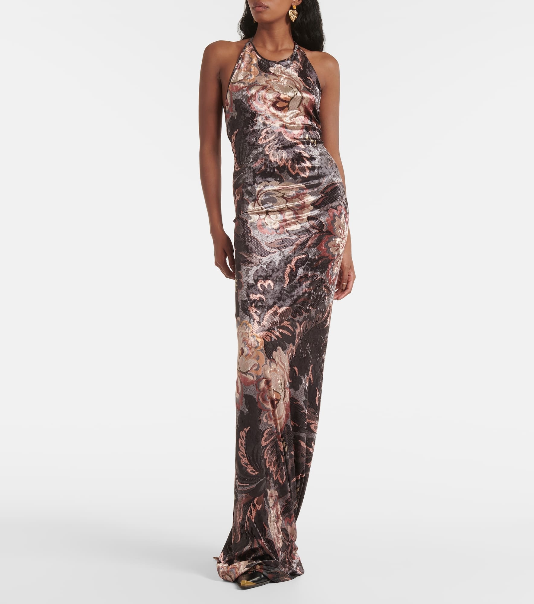 Floral halterneck velvet gown - 2