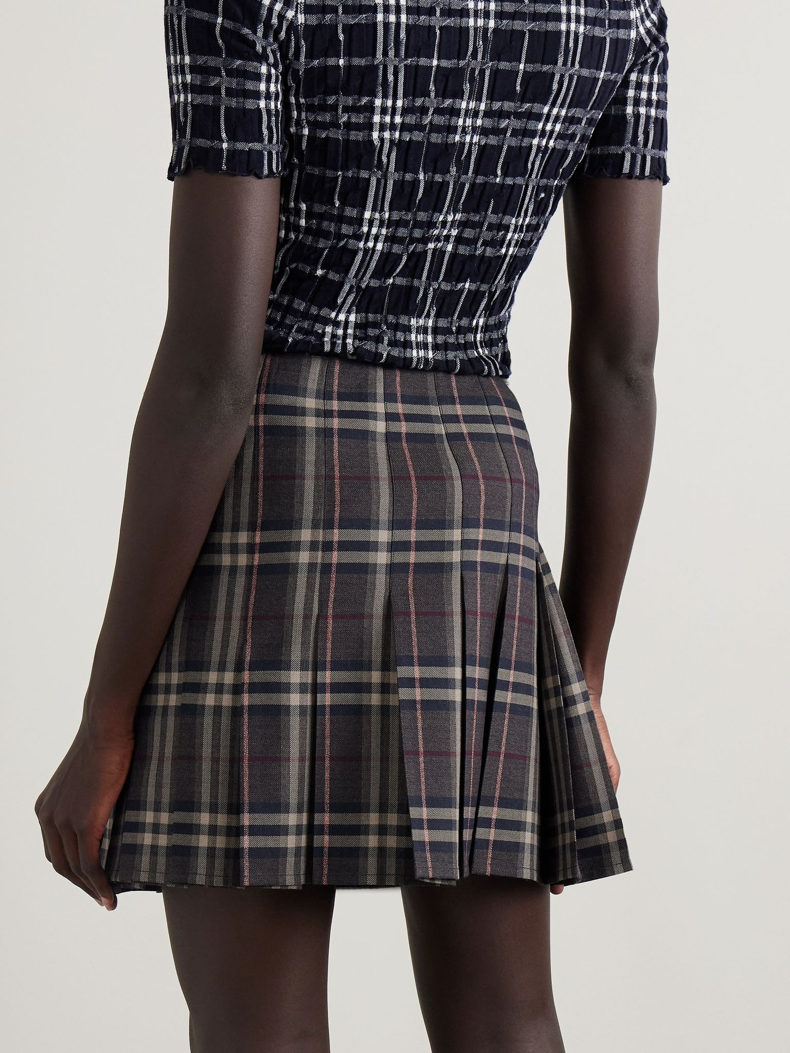 Leather-trimmed pleated checked wool mini skirt Multi - 4
