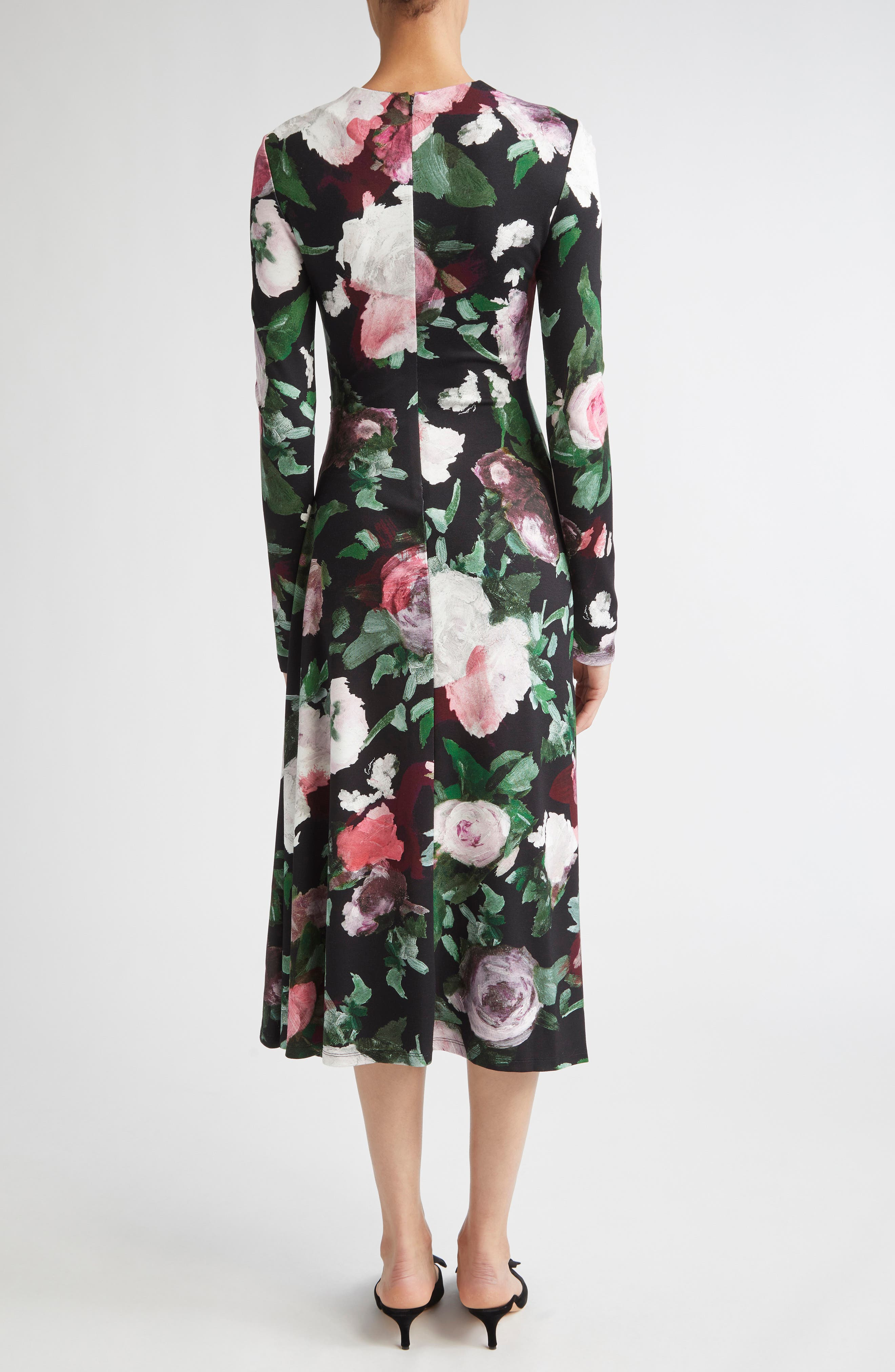 Erdem Painted Rose Draped Long Sleeve Jersey Midi Dress in Painted Rose Black at Nordstrom - 2