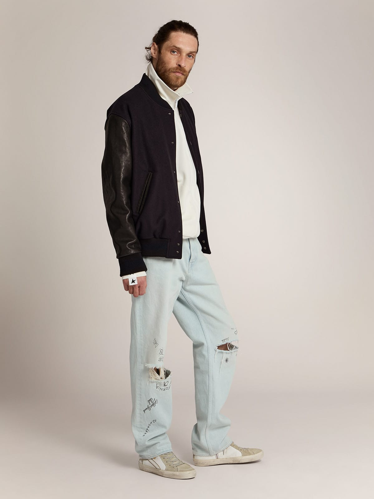 Men's bomber jacket in dark blue wool with leather sleeves - 3