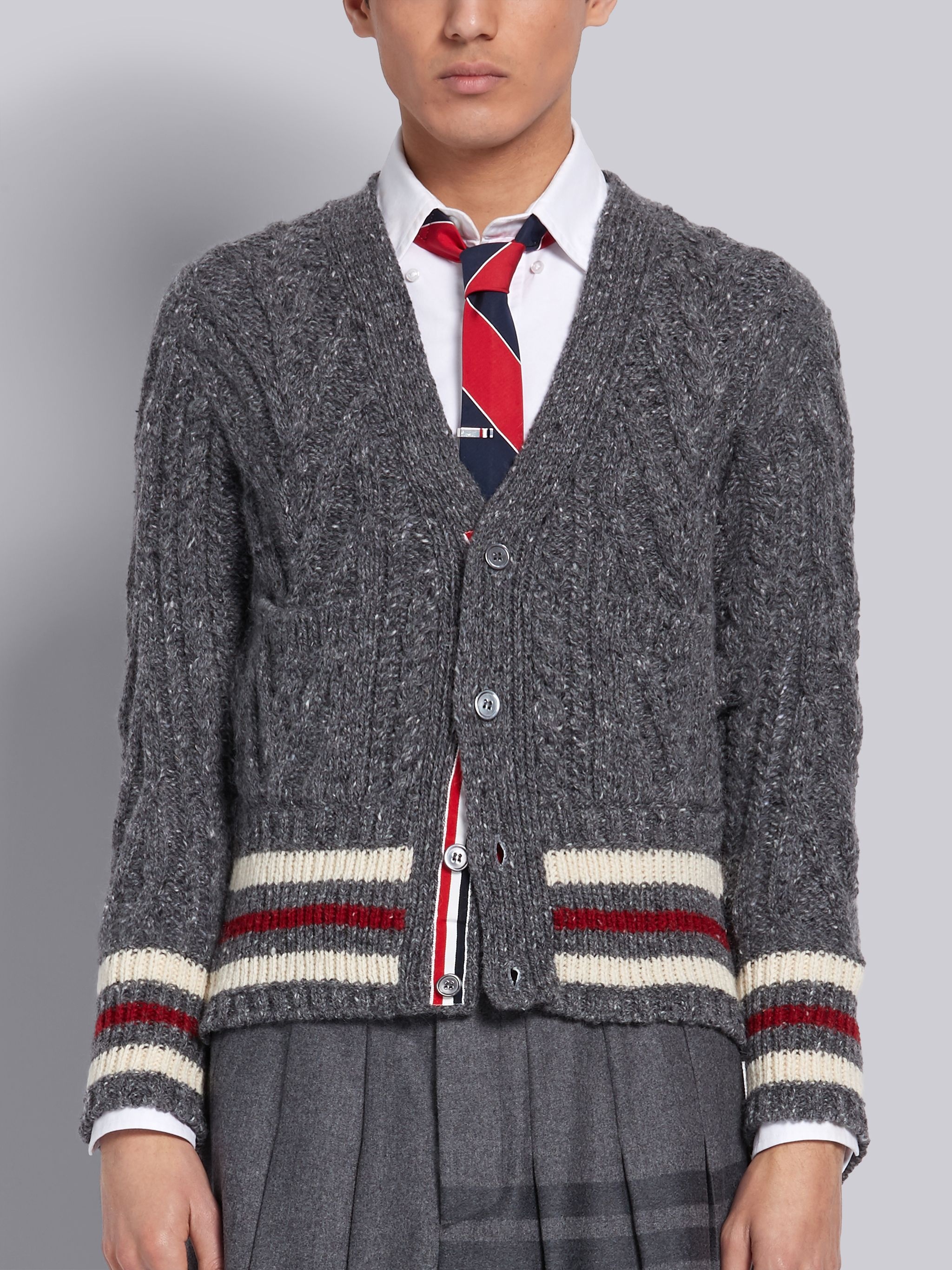 Medium Grey Mohair Tweed Aran Cable Tricolor Cricket Stripe V-neck Cardigan - 1