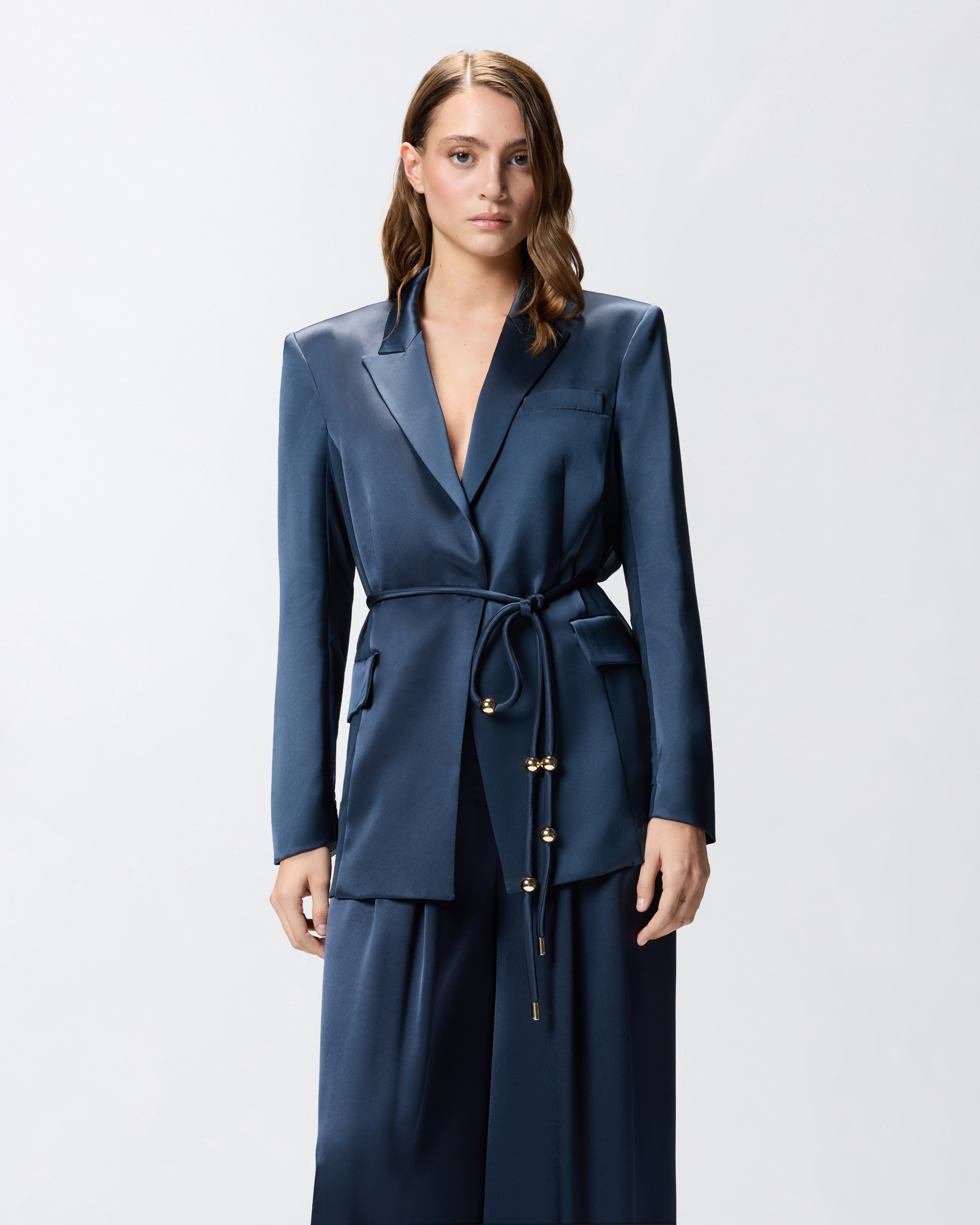 GLOSSY SATIN BLAZER WITH BELT AND SPHERE ACCENT - 2