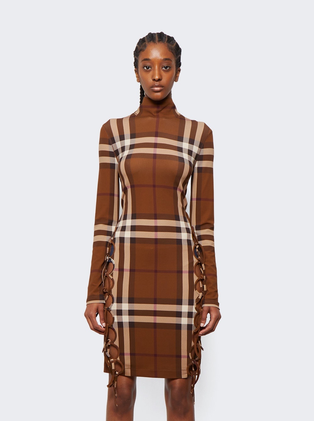 Check Stretch Jersey Side-tie Dress Dark Birch Brown - 3