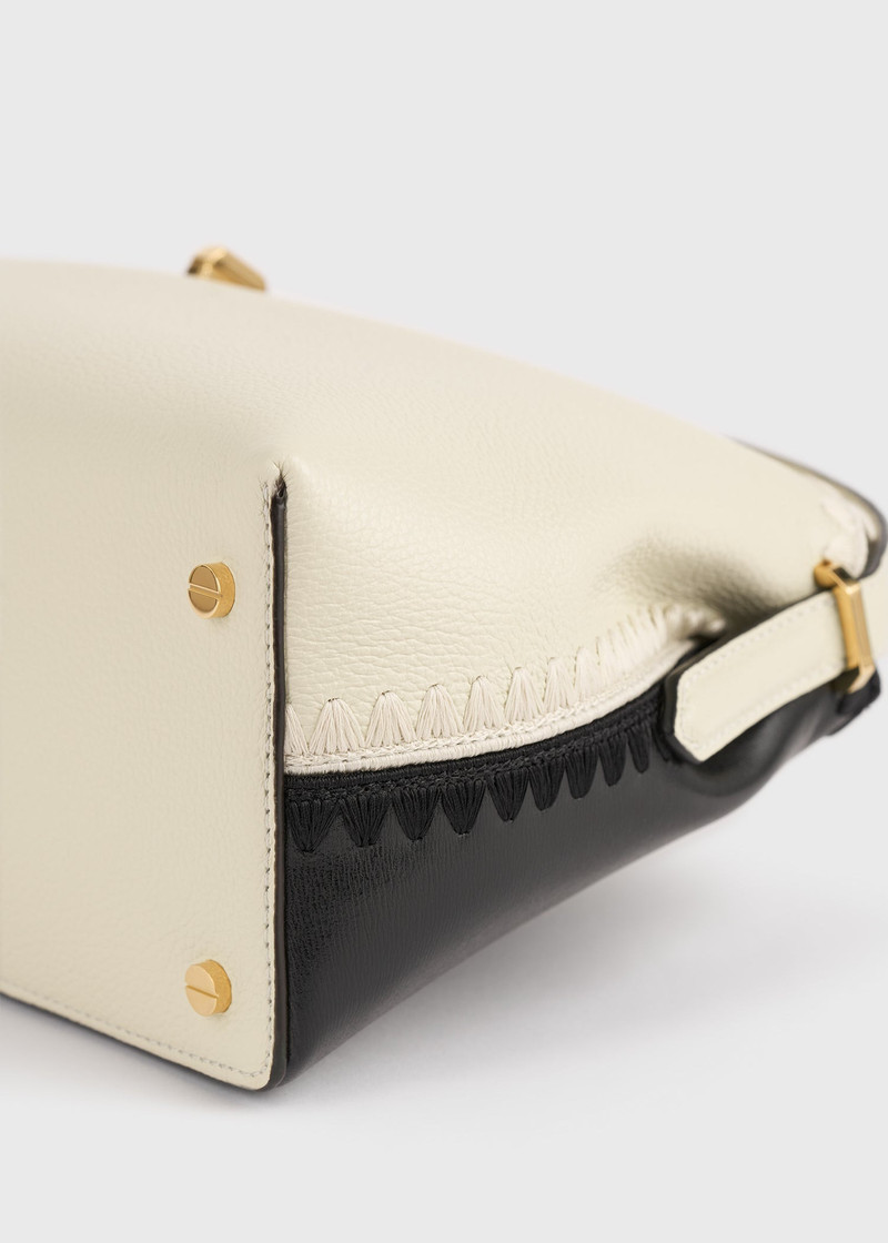 T-lock embroidered leather top handle black/milk 7