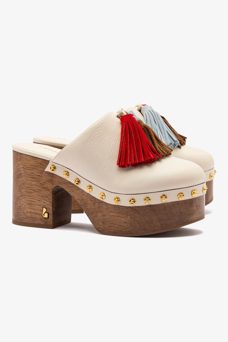 Miso Wooden Tassel Clog In Ivory Leather 3