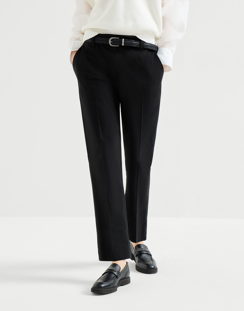 Stretch twisted cotton twill cigarette trousers with monili 2