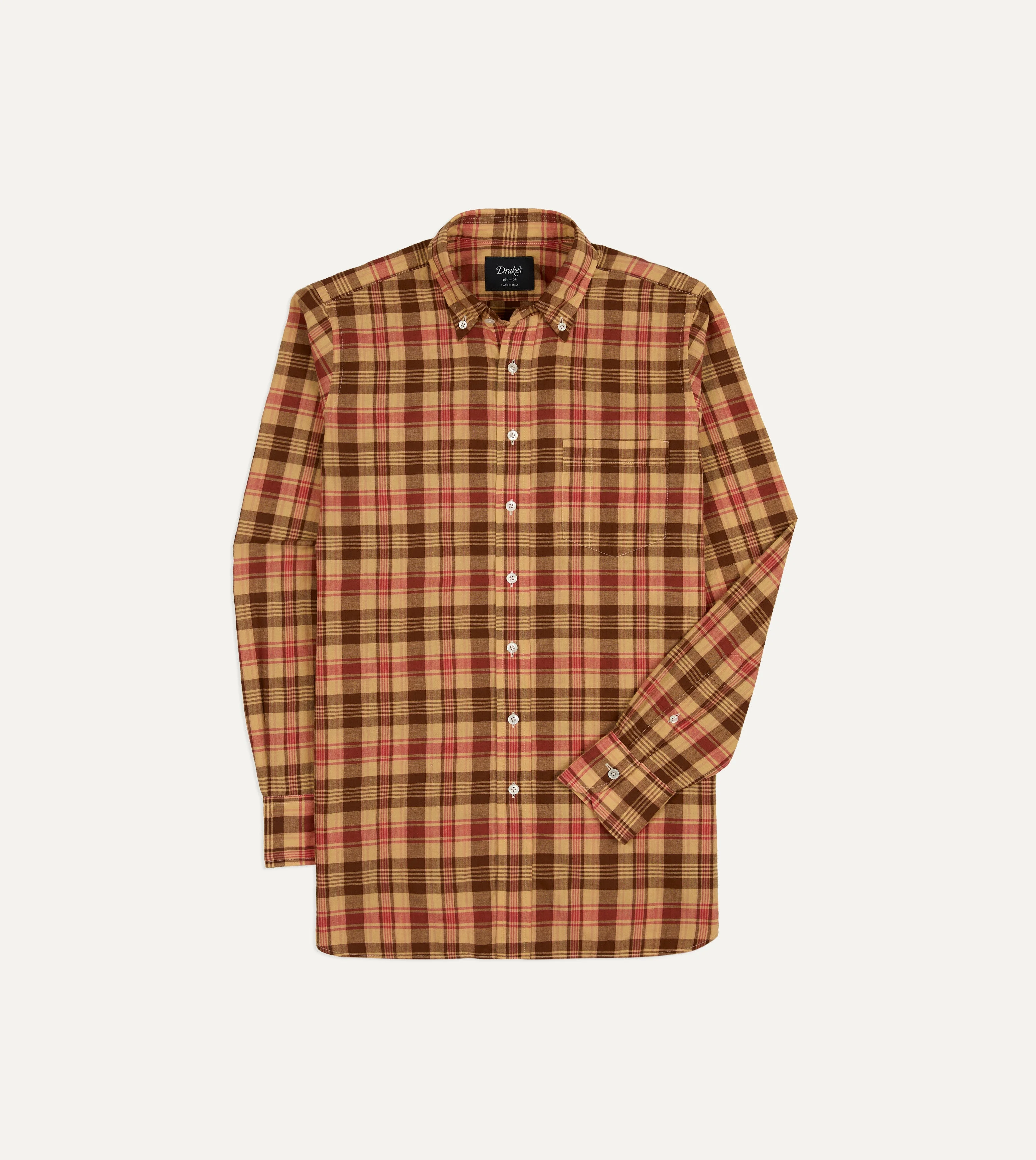 Red and Brown Madras Check Cotton Button-Down Shirt - 1