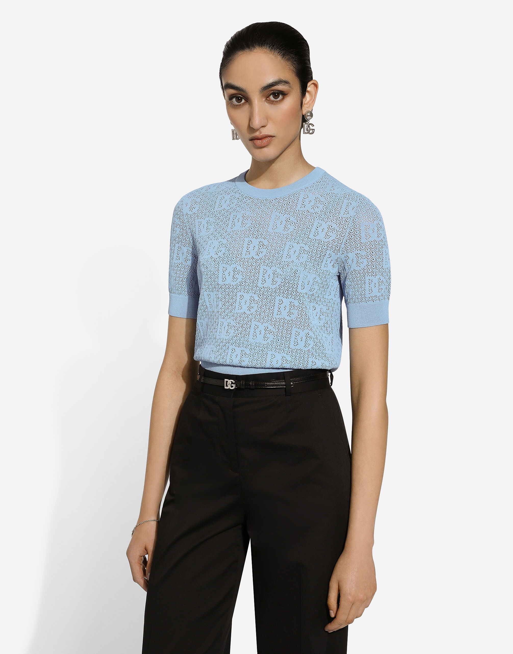 Lace-stitch viscose sweater with jacquard DG logo - 4