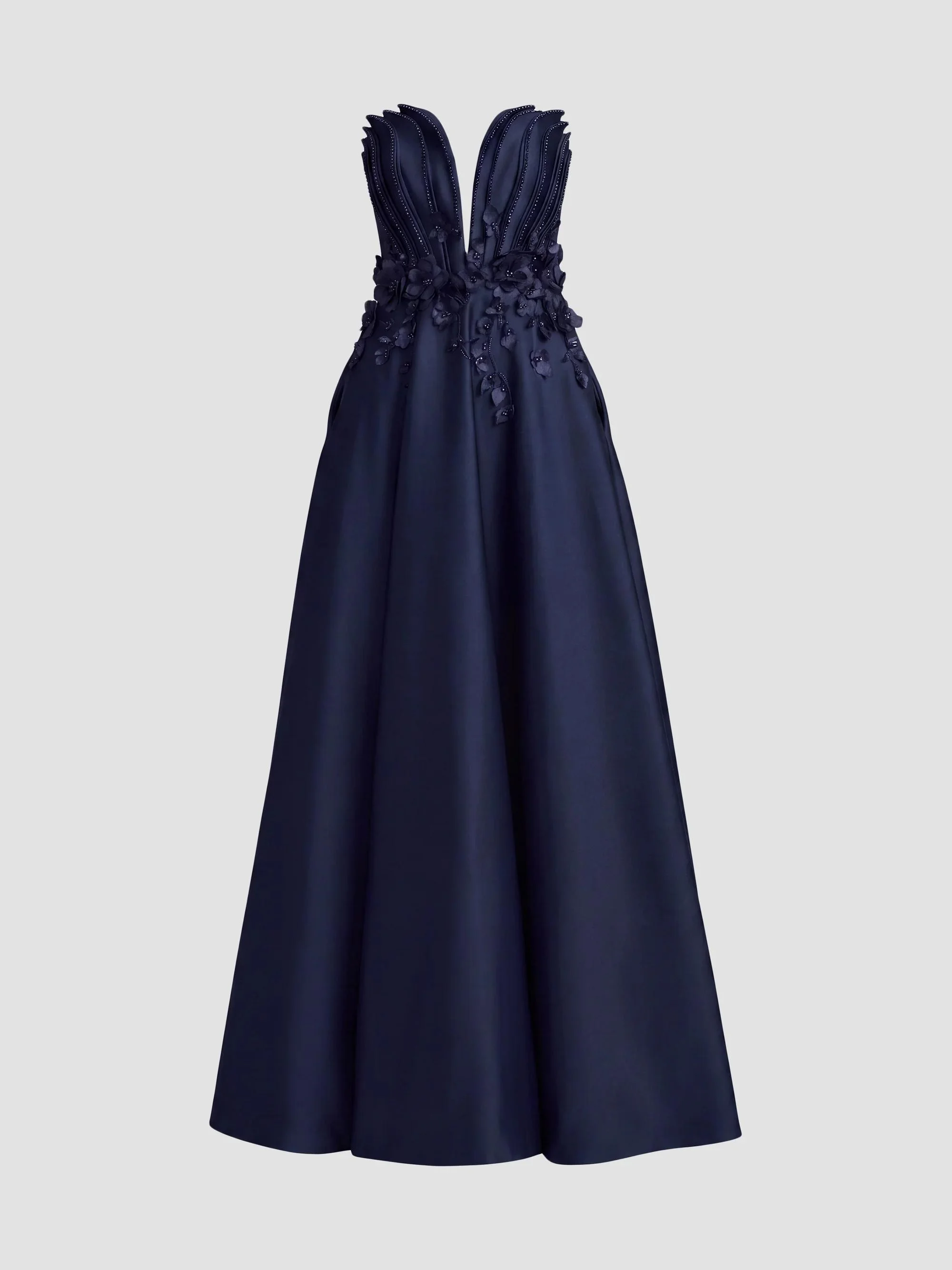 Women's Beaded Floral-Appliquéd Charmeuse Strapless Gown - Navy - 1