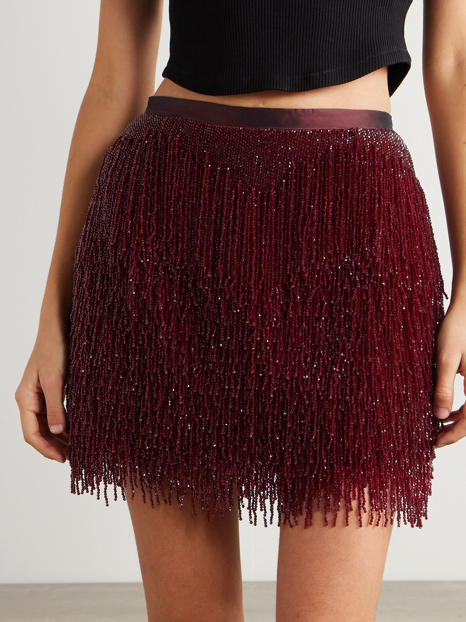 Fringed beaded silk-satin mini skirt Crimson - 3